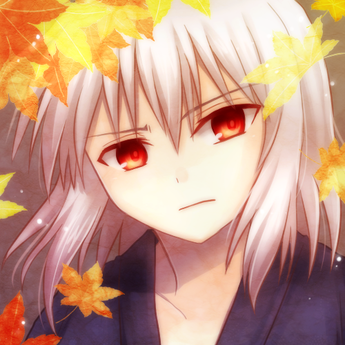 1boy amano-sora autumn_leaves bust frown japanese_clothes lowres open_clothes red_eyes short_hair solo toono_shiki_(2) tsukihime white_hair