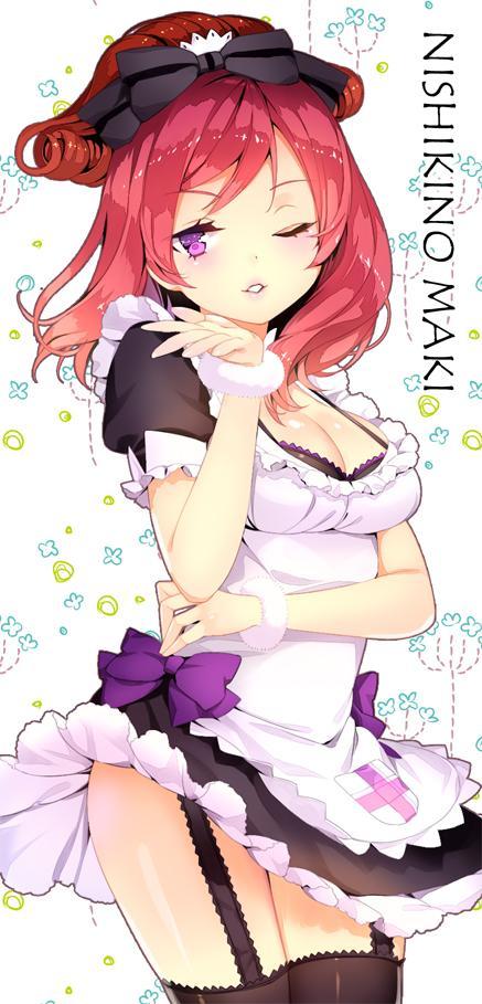 1girl apron bow breasts character_name cleavage cowboy_shot garter_straps hair_bow love_live!_school_idol_project maid mogyutto_"love"_de_sekkin_chuu! nishikino_maki one_eye_closed rozer short_hair short_sleeves skirt solo thigh-highs violet_eyes