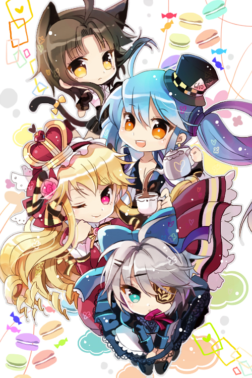 4girls ahoge alice_(wonderland) animal_ears apron aqua_eyes black_hair blonde_hair bow breasts cat_ears cat_tail chibi cinia_pacifica cleavage crown dress eyepatch flower food frills gloves grey_hair hair_ornament hairclip hat iri_flina long_hair luthica_preventer mad_hatter multiple_girls one_eye_closed open_mouth rednian rose short_hair silver_hair sita_vilosa sword_girls tail thigh-highs twintails yellow_eyes