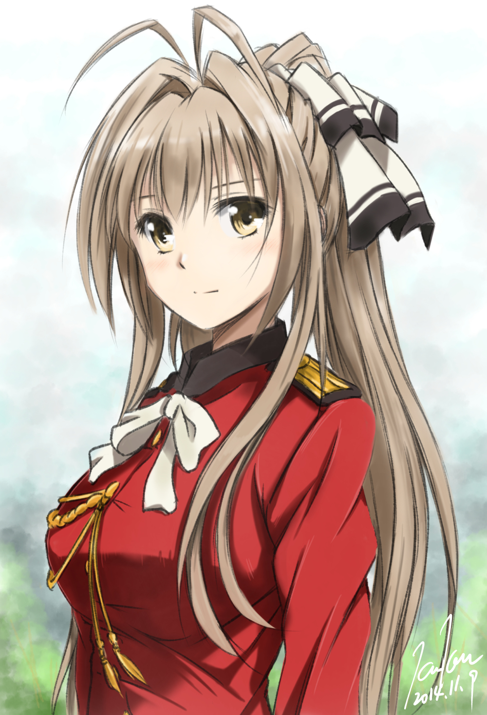 1girl amagi_brilliant_park antenna_hair blush breasts brown_eyes brown_hair highres kem_kem long_hair ponytail sento_isuzu smile solo