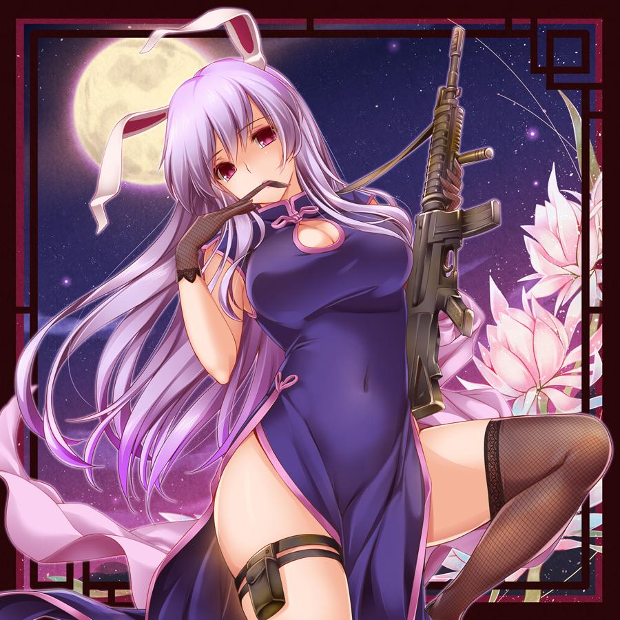 1girl animal_ears assault_rifle biting black_gloves breasts china_dress chinese_clothes cleavage_cutout fishnet_gloves fishnet_legwear fishnets flower full_moon glove_biting glove_pull gloves gun jpeg_artifacts large_breasts long_hair looking_at_viewer moneti_(daifuku) moon night night_sky purple_hair rabbit_ears reisen_udongein_inaba rifle sky solo star_(sky) starry_sky thigh-highs thigh_pouch touhou very_long_hair violet_eyes weapon