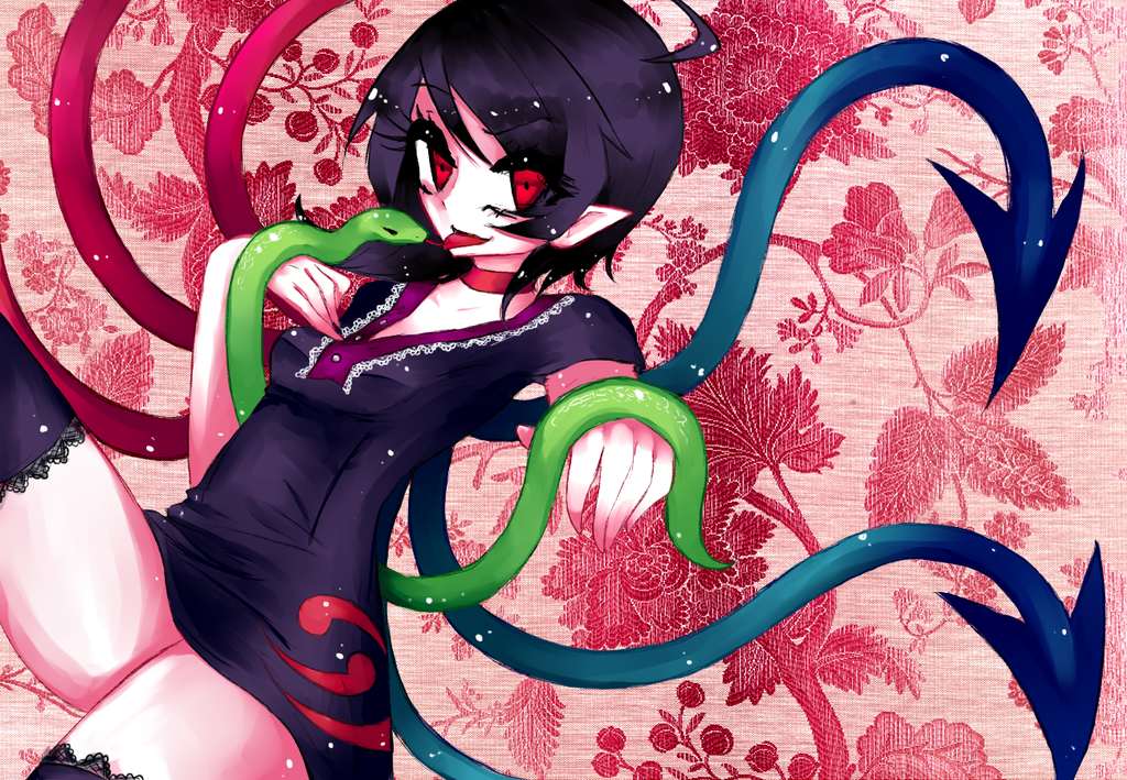 1girl ahoge asymmetrical_wings black_hair dress eyelashes floral_background foreshortening hiyoko_risu houjuu_nue lace lace-trimmed_thighhighs pointy_ears red_eyes short_dress short_hair smile snake solo thigh-highs tongue tongue_out touhou v-neck wings zettai_ryouiki