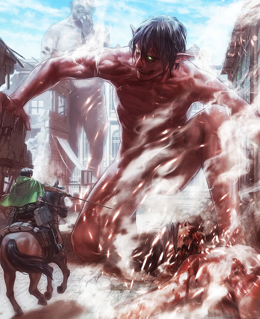 a_k_i black_hair glowing glowing_eyes horse levi_(shingeki_no_kyojin) looking_back pointy_ears rogue_titan shingeki_no_kyojin steam sword teeth three-dimensional_maneuver_gear titan_(shingeki_no_kyojin) town weapon