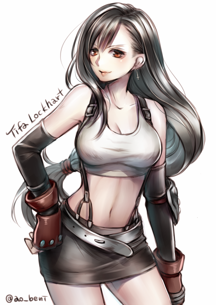 1girl bangs belt black_hair breasts character_name collarbone contrapposto cowboy_shot crop_top earrings elbow_gloves feet_out_of_frame female final_fantasy final_fantasy_vii fingerless_gloves gloves hand_on_hip jewelry lips lma long_hair low-tied_long_hair midriff miniskirt navel pencil_skirt red_eyes simple_background skirt sleeveless solo suspender_skirt suspenders tank_top tifa_lockhart twitter_username white_background