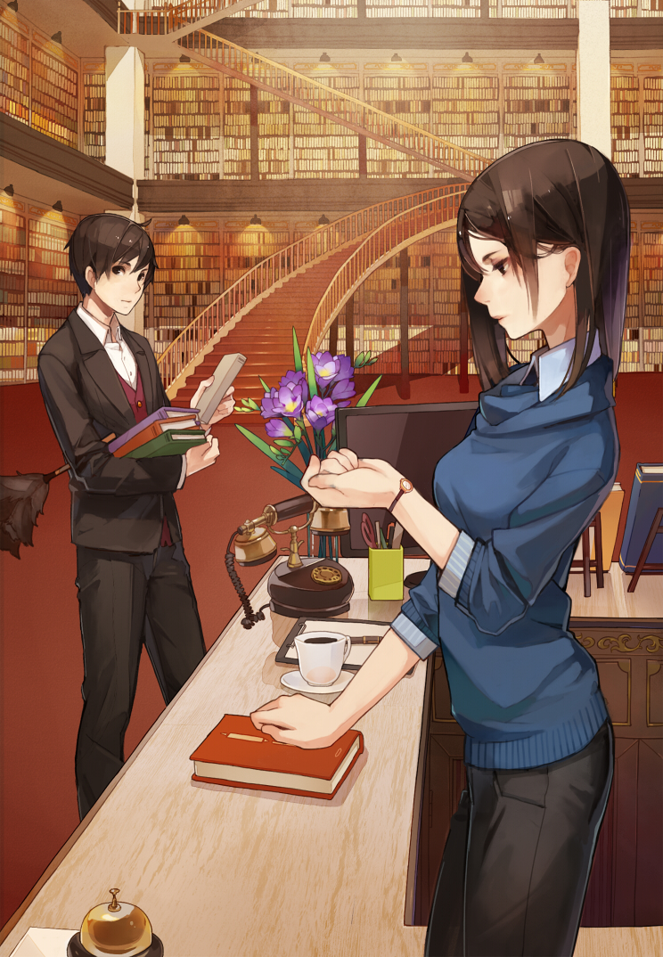 1boy 1girl bad_perspective black_eyes book brown_hair cover cover_page cup duster error hanzaisha_shokan_alexandria library long_hair mmlu_(honwa_karesu) rotary_phone short_hair stairs standing sweater teacup watch watch