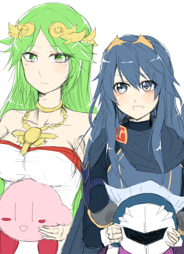 2boys 2girls bare_shoulders blue_eyes blue_hair blush_stickers breast_rest breasts cape carrying company_connection fire_emblem fire_emblem:_kakusei green_eyes green_hair hair_ornament hairband haniwa jewelry kid_icarus kid_icarus_uprising kirby kirby_(series) long_hair lucina mask meta_knight multiple_boys multiple_girls necklace nintendo palutena shoulder_pads smile super_smash_bros. symbol-shaped_pupils tiara |_|