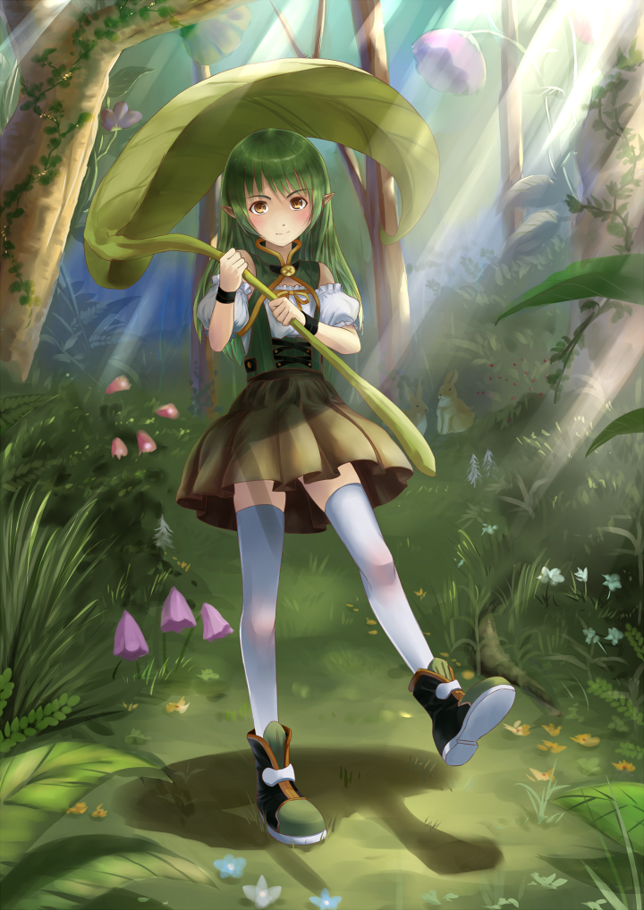 1girl bare_shoulders borrowed_character flower forest full_body giant_leaf grass green_hair jastersin21 leaf_umbrella long_hair nature original pointy_ears rabbit rynn_(acerailgun) shoes skirt solo sunlight thigh-highs tree walking wristband yellow_eyes zettai_ryouiki