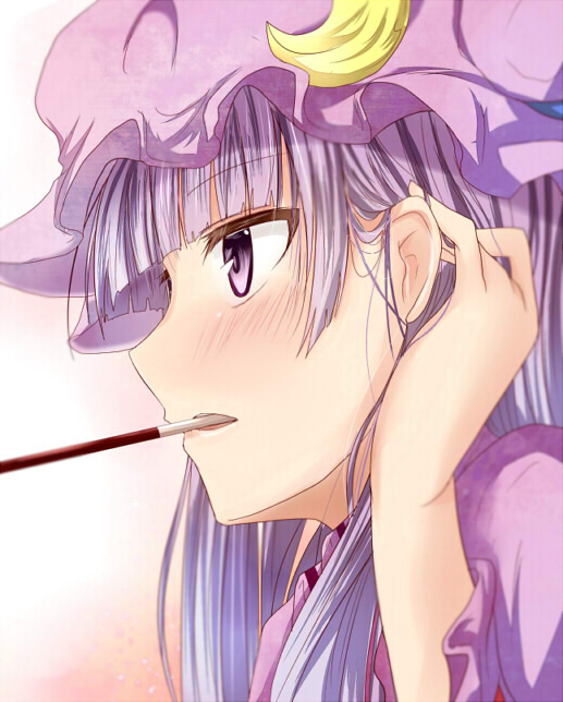 1girl adjusting_hair blush close-up crescent_hair_ornament food_in_mouth hair_ornament long_hair mob_cap nightgown patchouli_knowledge pocky purple_hair ram_hachimin solo touhou violet_eyes