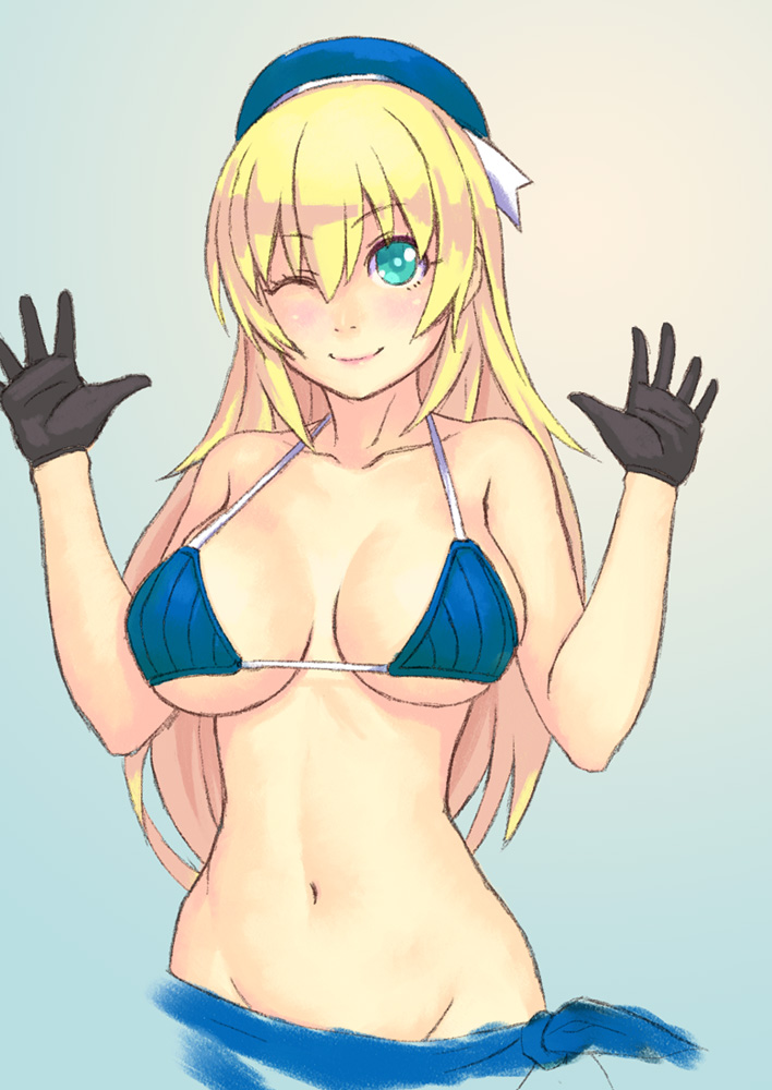 1girl and atago_(kantai_collection) beret bikini_top blonde_hair blue-eyes breasts gloves hat kantai_collection large_breasts navel one_eye_closed partially_submerged smile solo under_boob water