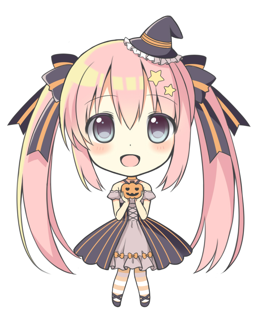 1girl :d blue_eyes chibi detached_sleeves hair_ornament halloween holding jack-o'-lantern long_hair looking_at_viewer mary_janes mini_witch_hat open_mouth original pink_hair riria_(happy_strawberry) shoes simple_background smile solo star_hair_ornament striped striped_legwear twintails very_long_hair white_background