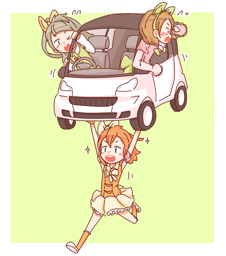 3girls car carrying carrying_overhead koizumi_hanayo kousaka_honoka love_live!_school_idol_project minami_kotori motor_vehicle multiple_girls running tagme veebu vehicle