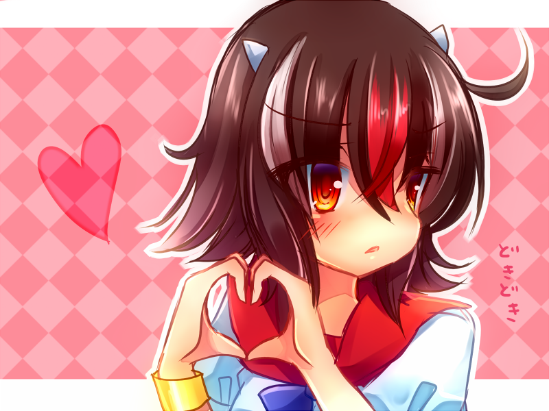 1girl black_hair bracelet checkered checkered_background heart heart_hands horns jewelry kijin_seija kujou_mikuru looking_away orange_eyes red_eyes touhou