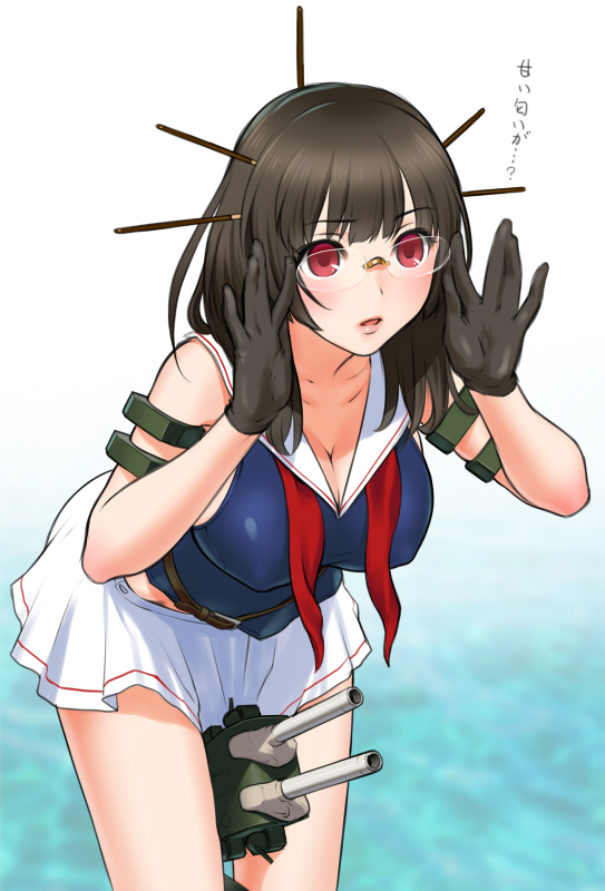 1girl black_hair breasts choukai_(kantai_collection) cleavage glasses gloves kantai_collection leaning_forward long_hair pocky red_eyes sano_toshihide solo thighs translation_request