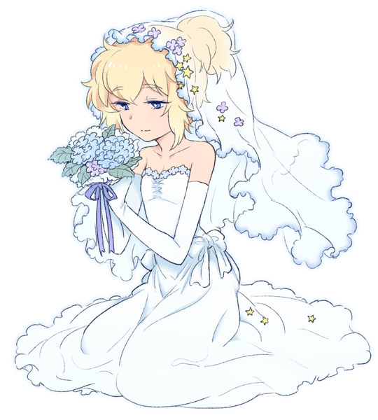 1boy blonde_hair blue_eyes bouquet crossdressinging danball_senki danball_senki_wars dress elbow_gloves flower gloves hoshihara_hikaru male naruko_(nalcoro) ponytail short_hair smile solo trap veil wedding_dress