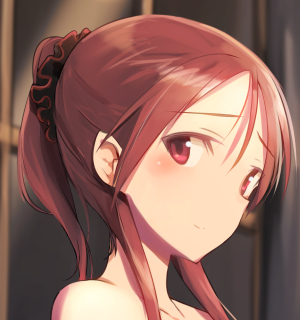 1girl alternate_hairstyle bare_shoulders blush face long_hair lowres minna-dietlinde_wilcke ponytail red_eyes redhead scrunchie shimada_fumikane smile solo strike_witches