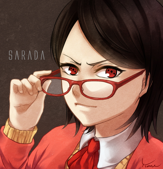 1girl black_hair character_name glasses holding holding_glasses jacket light_smile looking_at_viewer naruto red-framed_glasses red_eyes sharingan short_hair solo sweater uchiha_sarada yvonne_(a715042007)