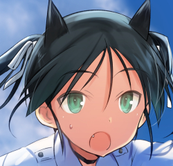 1girl animal_ears black_hair cat_ears clouds face fang francesca_lucchini green_eyes hair_ribbon jacket long_hair lowres military military_uniform open_mouth ribbon shimada_fumikane sky solo strike_witches sweatdrop tan twintails uniform white_ribbon