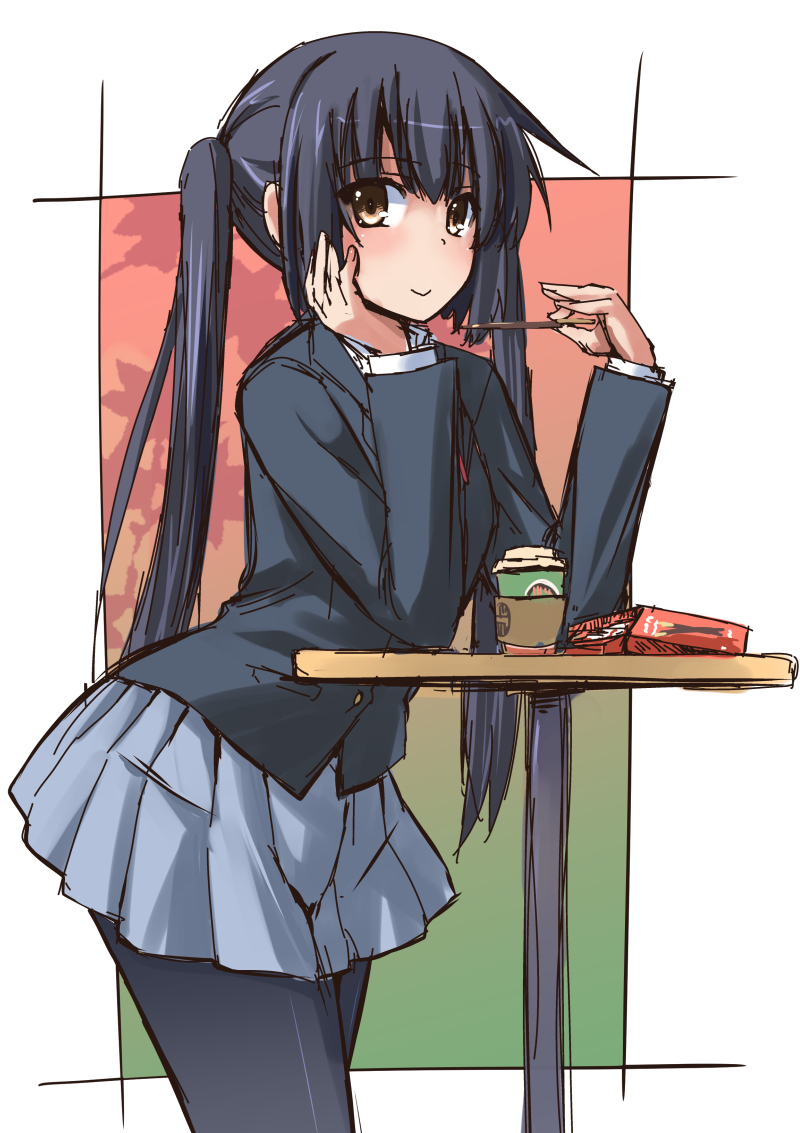 1girl black_hair box brown_eyes k-on! long_hair nakano_azusa pocky school_uniform shinshin table twintails