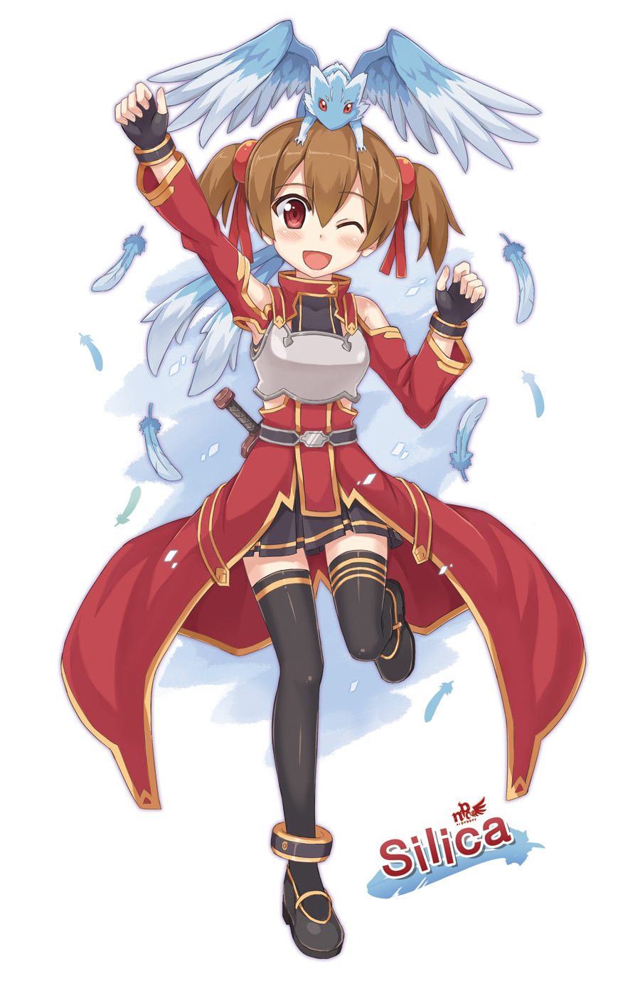 1girl ;d black_gloves black_legwear brown_hair chest_plate detached_sleeves dragon fingerless_gloves gloves hair_ornament highres looking_at_viewer npcpepper one_eye_closed open_mouth pina_(sao) red_eyes shoes silica smile sword_art_online thigh-highs twintails zettai_ryouiki