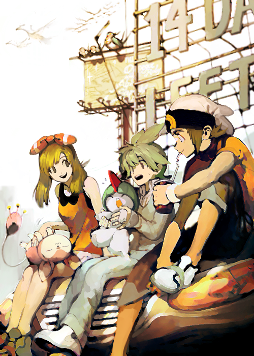 1girl 2boys brown_hair drinking drinking_straw green_hair hair_ribbon haruka_(pokemon) haruka_(pokemon)_(remake) hat lechuza mitsuru_(pokemon) multiple_boys open_mouth petting pokemon pokemon_(creature) pokemon_(game) pokemon_oras ralts ribbon shoes shorts sitting sitting_on_car skitty sleeveless sleeveless_shirt sneakers swellow taillow two_side_up yuuki_(pokemon) yuuki_(pokemon)_(remake)