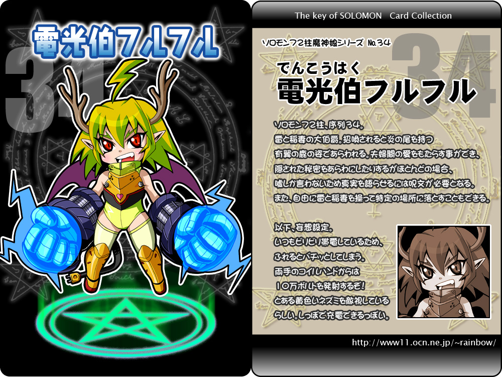 1girl antlers ars_goetia character_name character_profile electricity full_body furfur_(kurono) greaves hexagram kurono magic_circle number open_mouth pentagram plug pointy_ears red_eyes short_hair solo translation_request watermark web_address wings