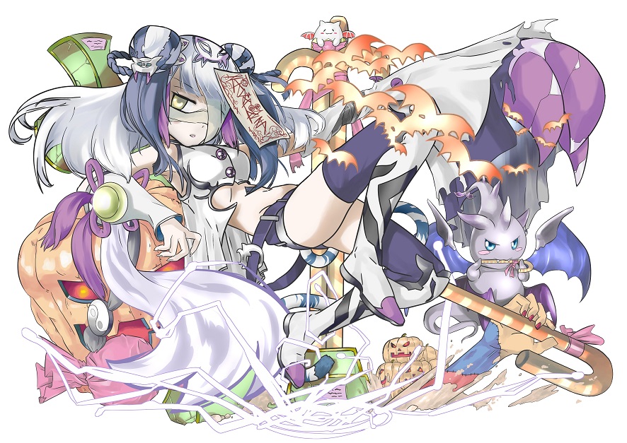 1girl adapted_costume bandages bare_shoulders bat braid candy candy_cane cat_hair_ornament claws creature detached_sleeves devilit double_bun hair_ornament haku_(p&amp;d) jack-o'-lantern kei_(keiclear) long_hair long_sleeves mound_of_venus multicolored_hair navel ofuda open_mouth pumpkin purple_hair puzzle_&amp;_dragons simple_background solo tamadra thigh-highs twin_braids two-tone_hair white_background white_hair yellow_eyes