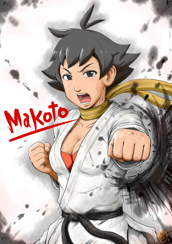 1girl antenna_hair black_hair bra breasts brown_eyes character_name choker cleavage clenched_hands dougi gouguru inkblot makoto_(street_fighter) open_mouth punching red_bra ribbon_choker short_hair solo street_fighter street_fighter_iv underwear