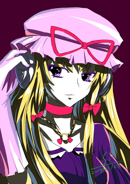 1girl arm_up artist_name blonde_hair bow breasts bust choker colored_eyelashes dated dress elbow_gloves gloves hair_bow hand_on_headphones hat hat_ribbon headphones jewelry long_hair looking_to_the_side mob_cap necklace parted_lips purple_dress ribbon sinzan solo touhou violet_eyes yakumo_yukari