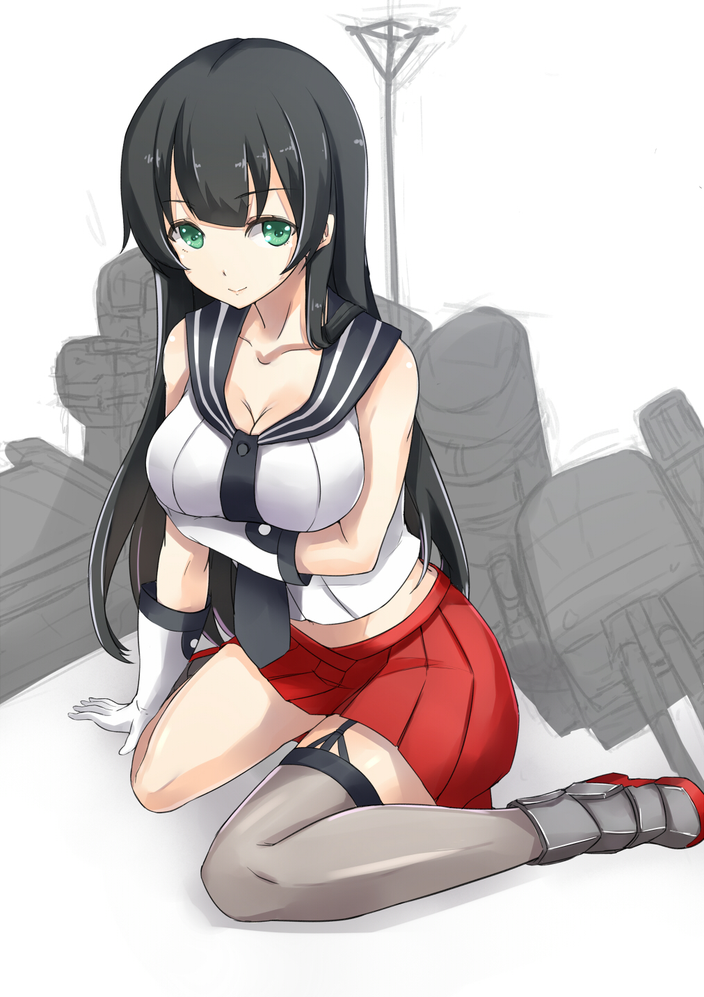 1girl agano_(kantai_collection) arm_support asya black_hair breast_hold breasts cleavage collarbone garter_straps gloves green_eyes grey_legwear highres kantai_collection long_hair machinery school_uniform serafuku single_thighhigh sitting sketch skirt solo thigh-highs white_background white_gloves
