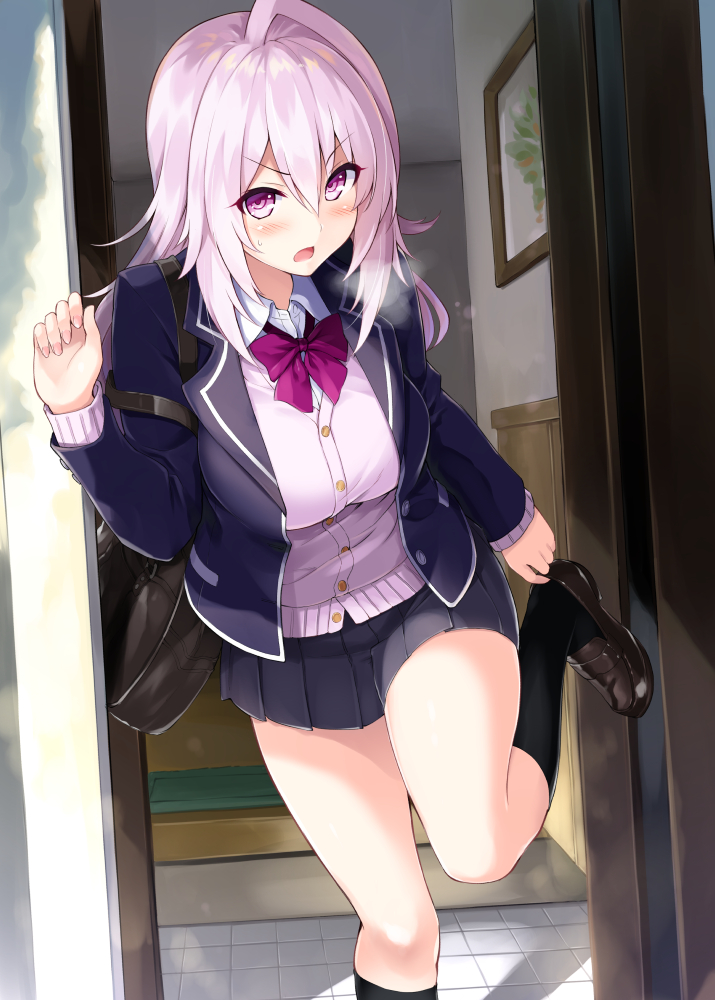 1girl adjusting_clothes adjusting_shoe blush breasts cu-no hisenkaede large_breasts long_hair looking_at_viewer open_door open_mouth pink_hair pleated_skirt school_uniform skirt solo violet_eyes yayoi_sakura