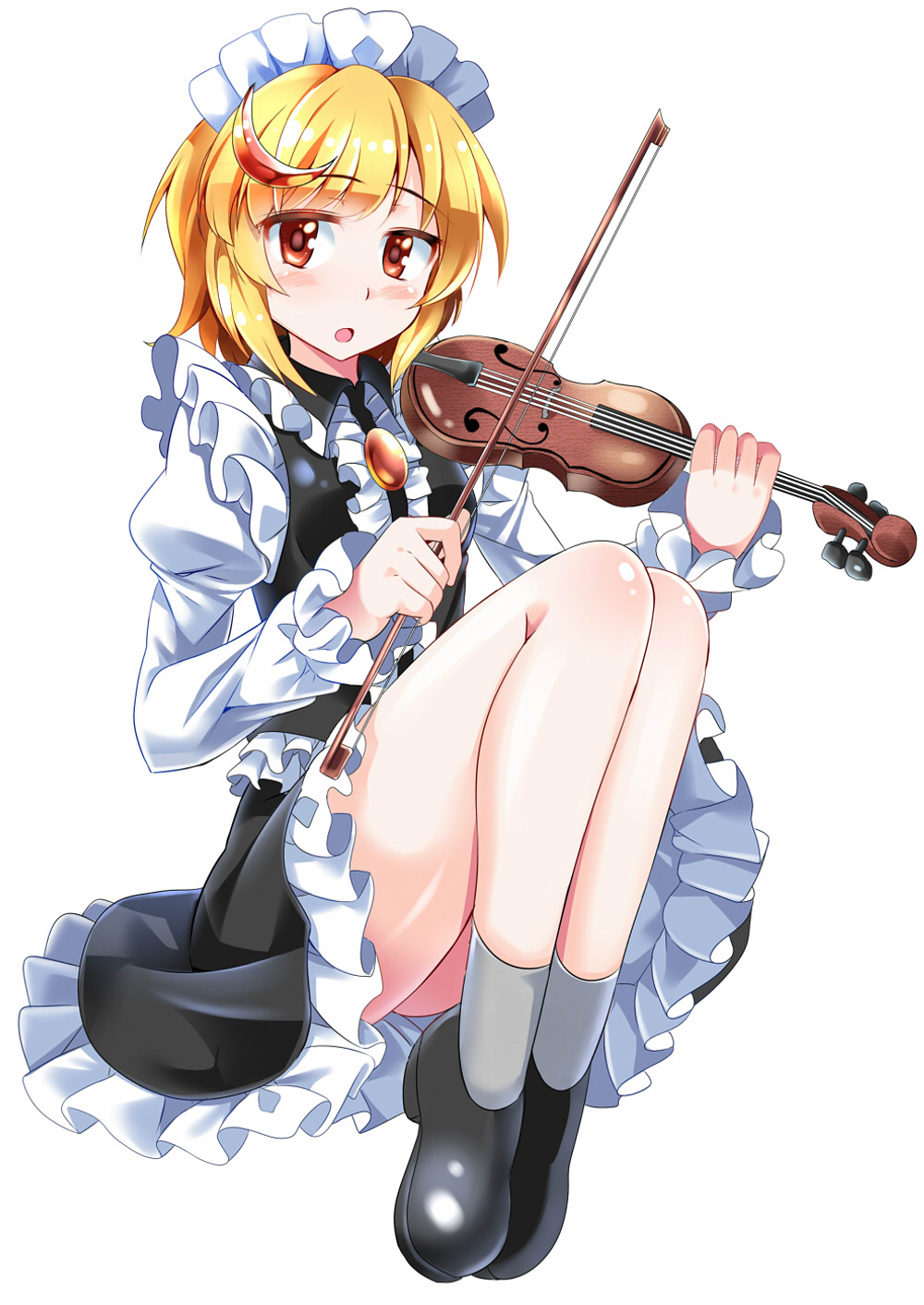 1girl alternate_costume black_dress blonde_hair crescent_hair_ornament dress e.o. enmaided frilled_dress frills hair_ornament highres instrument long_sleeves looking_at_viewer lunasa_prismriver maid maid_headdress open_mouth orange_eyes puffy_long_sleeves puffy_sleeves short_hair solo touhou violin white_blouse yellow_eyes