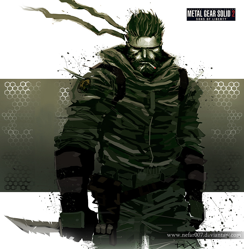 1boy beard cigarette combat_knife copyright_name facial_hair gloves headband manly metal_gear_(series) metal_gear_solid_2 nefar007 operator reverse_grip smoking solid_snake solo