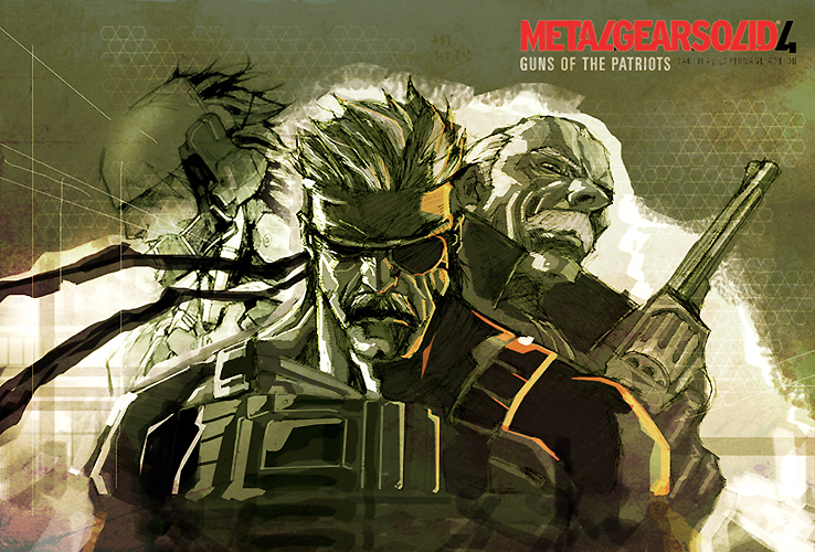 3boys bald_spot cyborg facial_hair gun handgun headband load_bearing_vest manly metal_gear_(series) metal_gear_solid_4 monochrome multiple_boys mustache nefar007 old_man old_snake pistol raiden revolver revolver_ocelot sneaking_suit solid_snake weapon