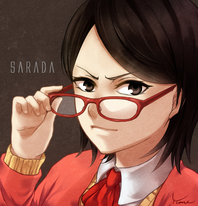 1girl black_hair brown_eyes character_name glasses holding holding_glasses jacket light_smile looking_at_viewer naruto red-framed_glasses short_hair solo sweater uchiha_sarada yvonne_(a715042007)