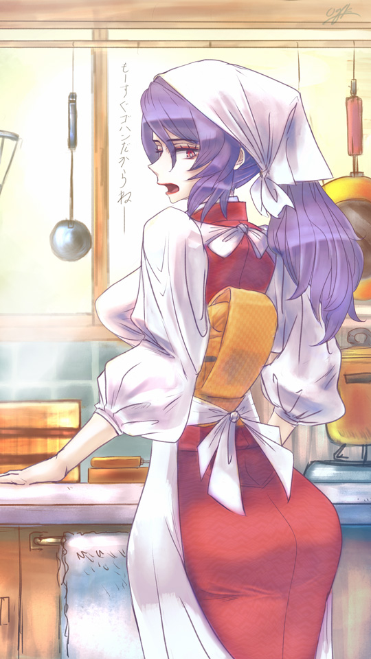 1girl alternate_hairstyle apron artist_name ass bangs breasts commentary_request cooking cooking_pot ears hair_up head_scarf japanese_clothes kappougi kimono kitchen large_breasts lipstick long_hair looking_back makeup oo_gata_ken pointy_nose purple_hair red_eyes signature solo steam tagme talking touhou translation_request yasaka_kanako