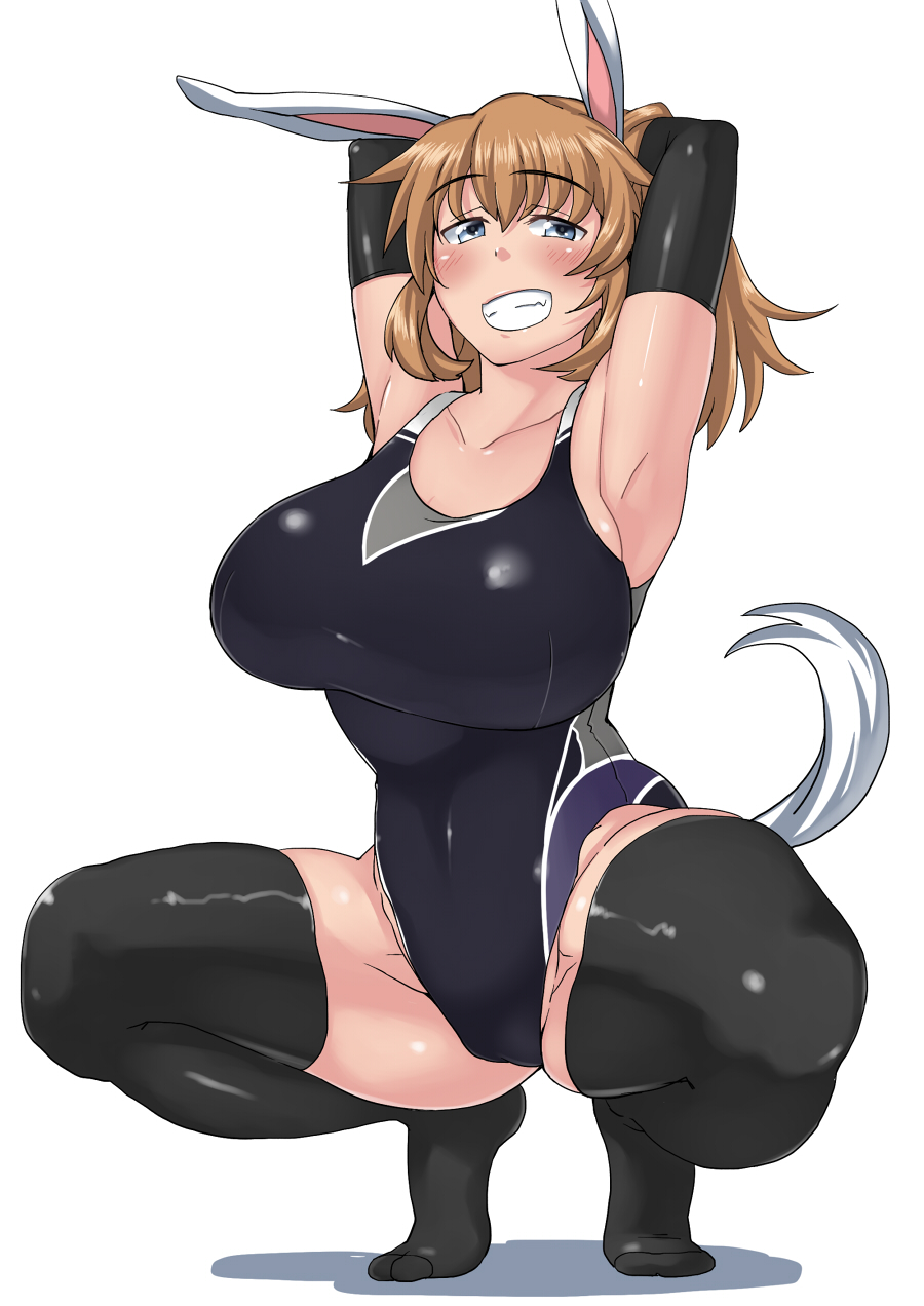1girl animal_ears armpits arms_up black_gloves black_legwear blue_eyes blush brown_hair charlotte_e_yeager competition_swimsuit elbow_gloves gloves grin highres long_hair maru_(maruttona) one-piece_swimsuit simple_background smile solo squatting strike_witches swimsuit thigh-highs