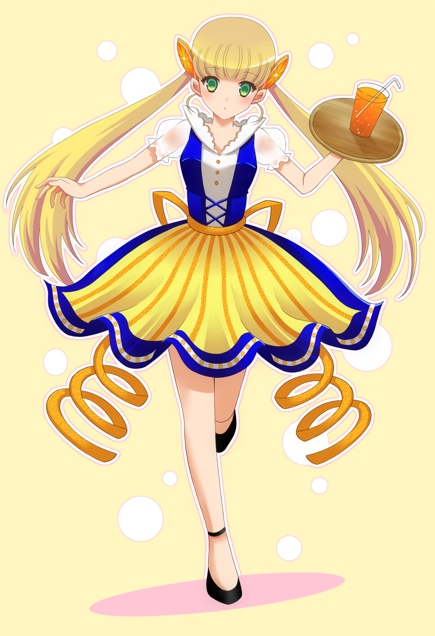 1girl anklet blonde_hair bubble_skirt drink drinking_straw flat_chest food_themed_clothes green_eyes hair_ornament highres jewelry long_hair no_socks orange_peel orange_slice orangina personification see-through skirt solo tray tsuka_(tsuka0808) waitress