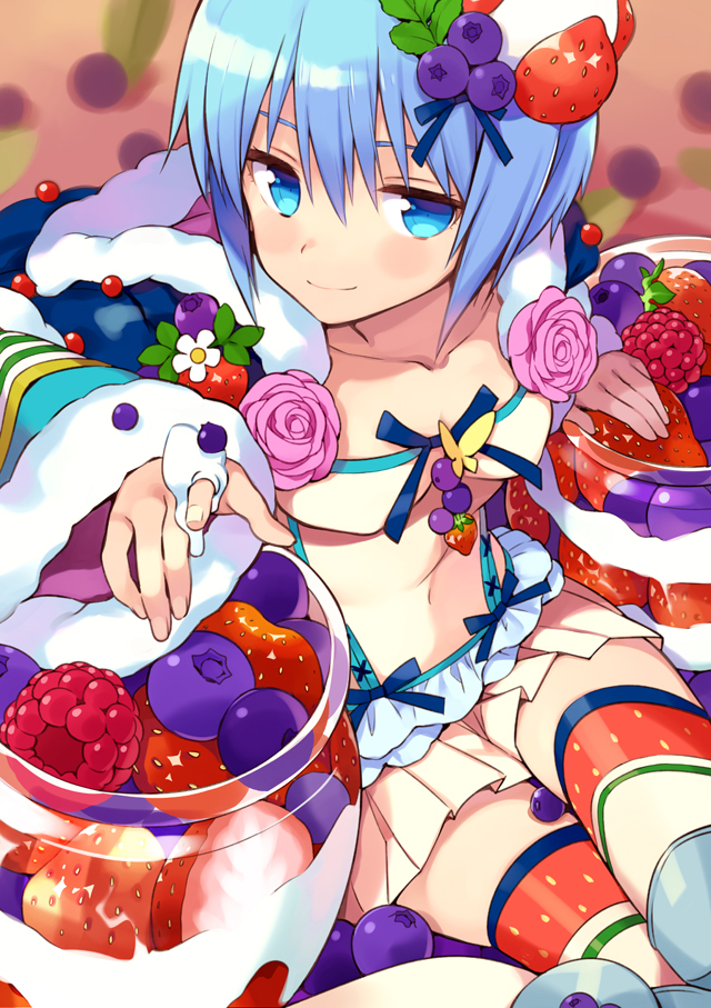 1girl blue_eyes blue_hair flower food from_above fruit grapes hair_ornament looking_at_viewer navel ninomoto original pleated_skirt rose short_hair sitting skirt smile solo strawberry thigh-highs zettai_ryouiki