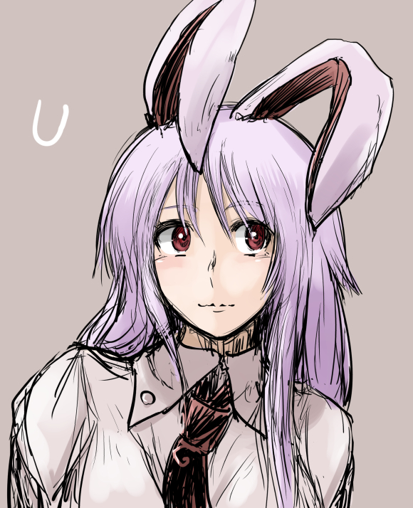 1girl animal_ears bust collared_shirt hanemikakko lavender_background leaning long_sleeves looking_to_the_side neck necktie purple_hair rabbit_ears red_eyes reisen_udongein_inaba simple_background sketch smile solo touhou