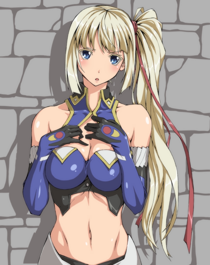 1girl :o bare_shoulders blonde_hair blue_eyes blue_gloves breast_suppress breasts cleavage elbow_gloves gloves large_breasts limalisha long_hair looking_at_viewer madan_no_ou_to_vanadis midriff navel ozaneko side_ponytail solo