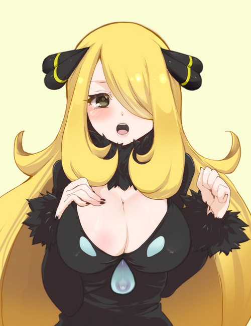 1girl blonde_hair blush breasts chorimokki cleavage hair_ornament hair_over_one_eye hand_on_own_chest large_breasts long_hair looking_at_viewer open_mouth pokemon pokemon_(game) pokemon_dppt shirona_(pokemon) solo