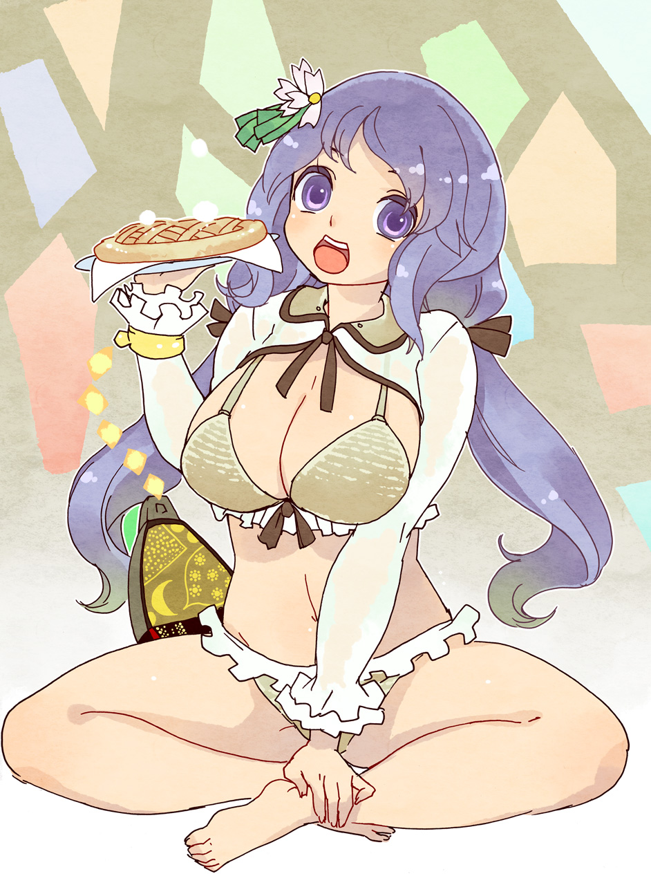 1girl apple_pie barefoot bra breasts cleavage flower hair_flower hair_ornament highres indian_style lavender_eyes lavender_hair long_hair low_twintails navel open_mouth panties sitting solo touhou tsukumo_benben tsuutenkaaku twintails underwear