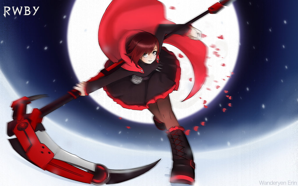 black_eyes boots brown_hair cape hoodie moon night petals ruby_rose rwby scythe short_hair smile