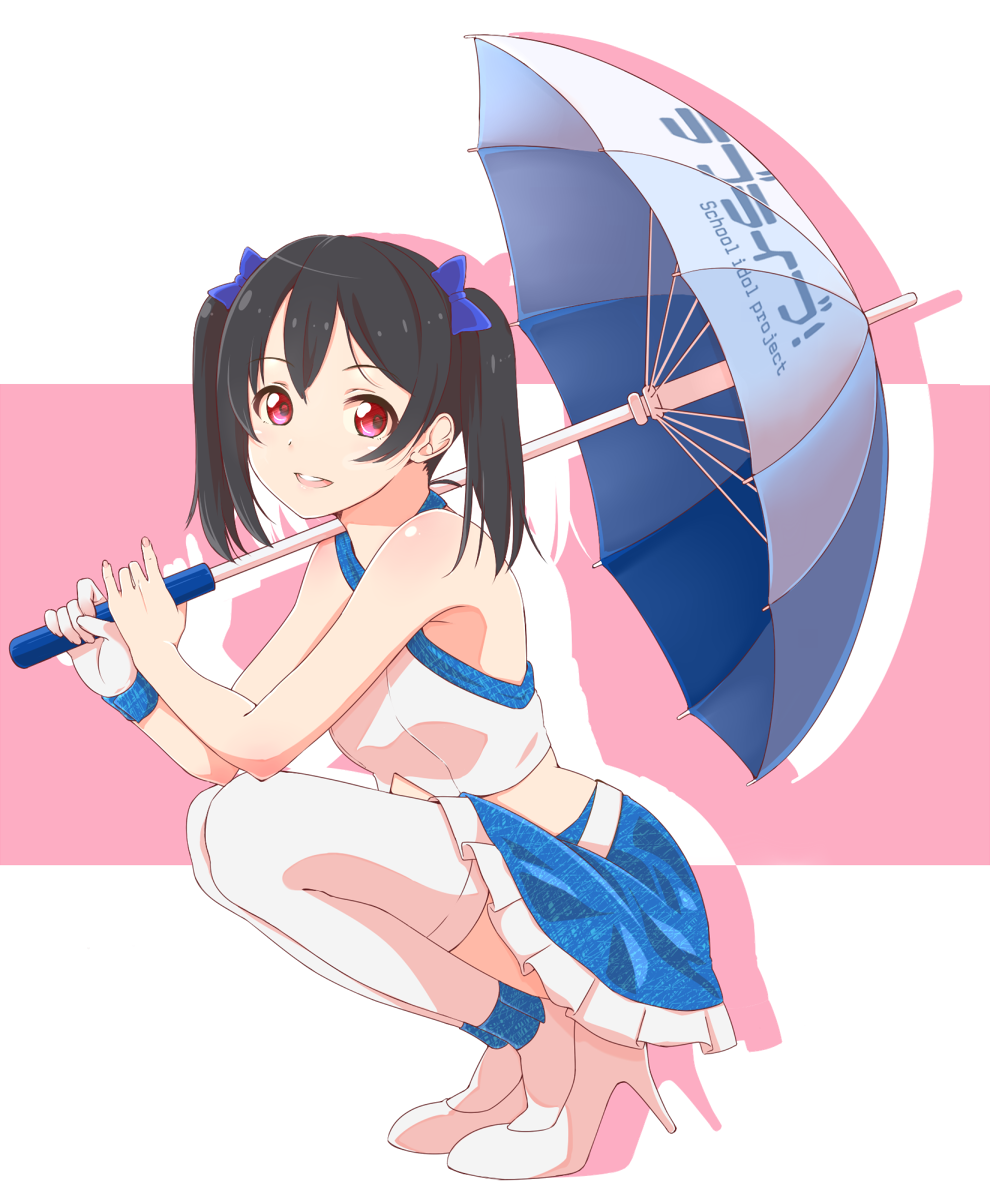 1girl bare_shoulders black_hair copyright_name egooo gloves high_heels highres looking_at_viewer love_live!_school_idol_project midriff parasol racequeen red_eyes short_hair single_glove skirt solo squatting thigh-highs twintails umbrella white_gloves white_legwear yazawa_nico