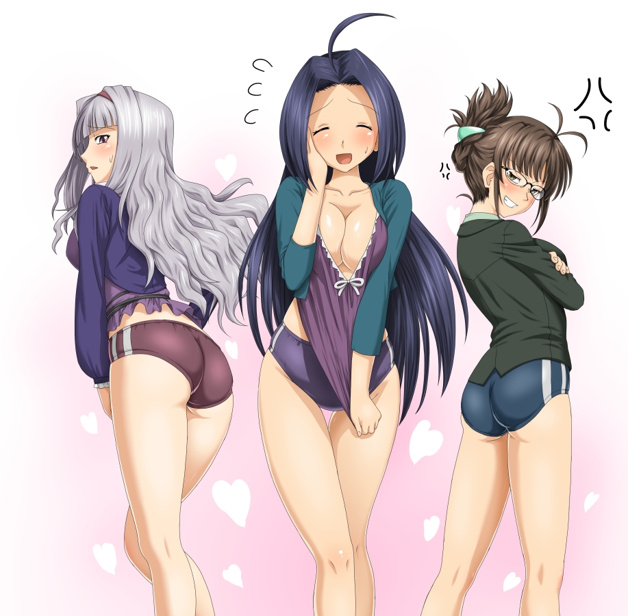 3girls ahoge akizuki_ritsuko angry ass blue_hair breasts buruma cleavage closed_eyes cocoa_(cocoa0191) glasses grin hand_on_own_cheek idolmaster large_breasts miura_azusa multiple_girls no_bra open_mouth shijou_takane shirt_tug smile sweatdrop