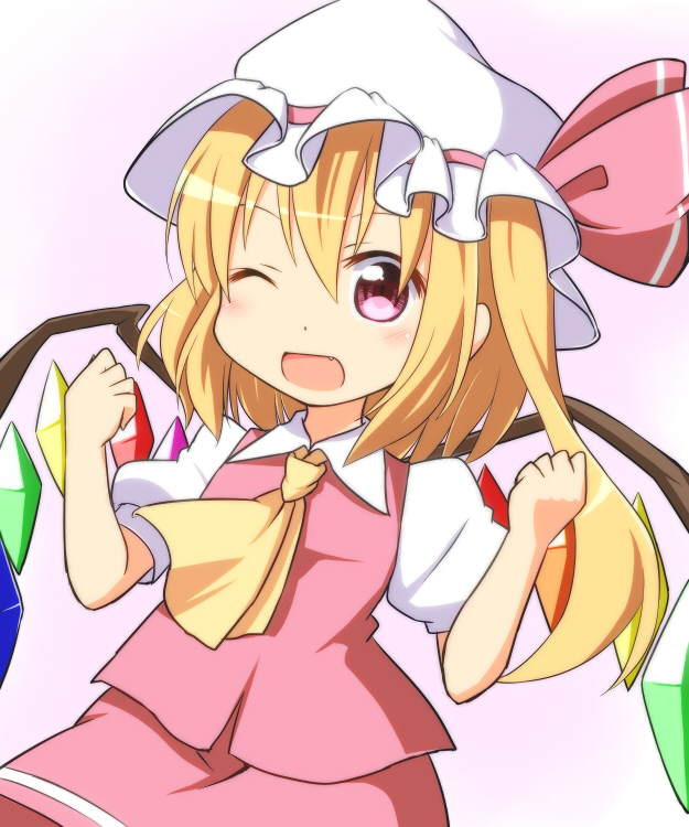 1girl :d ascot blonde_hair blush fang fist_pump flandre_scarlet long_hair mob_cap nitizyo one_eye_closed open_mouth pink_eyes puffy_short_sleeves puffy_sleeves short_sleeves side_ponytail skirt skirt_set smile solo touhou vest wings