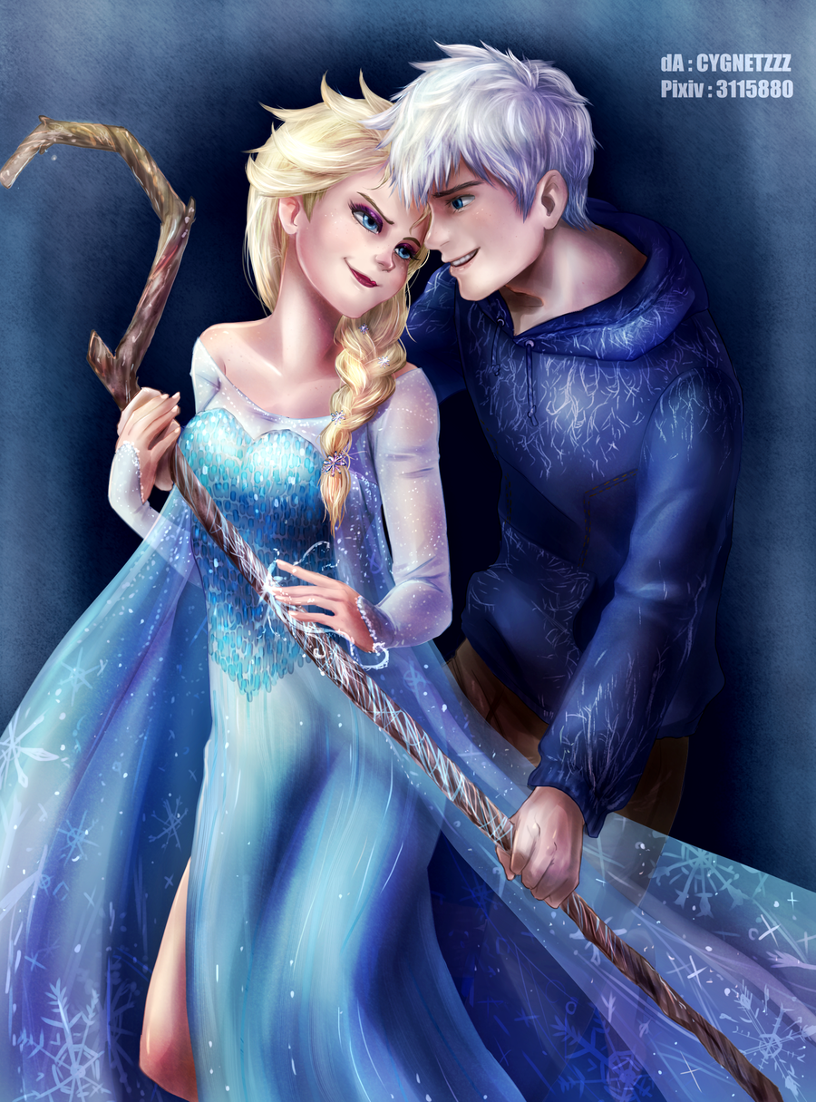 1boy 1girl artist_name bare_shoulders blonde_hair blue blue_eyes braid breasts couple crossover cygnetzzz dress elsa_(frozen) frozen_(disney) hetero highres hoodie jack_frost_(rise_of_the_guardians) long_hair long_sleeves looking_at_another magic queen rise_of_the_guardians side_slit single_braid smile snowflake_print staff white_hair