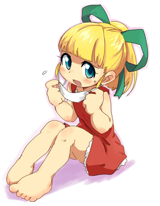 barefoot blonde_hair blue_eyes blush dress dronken face_mask flat_chest hair_ribbon knees_together_feet_together looking_at_viewer mask ponytail red_dress ribbon rockman rockman_(classic) roll