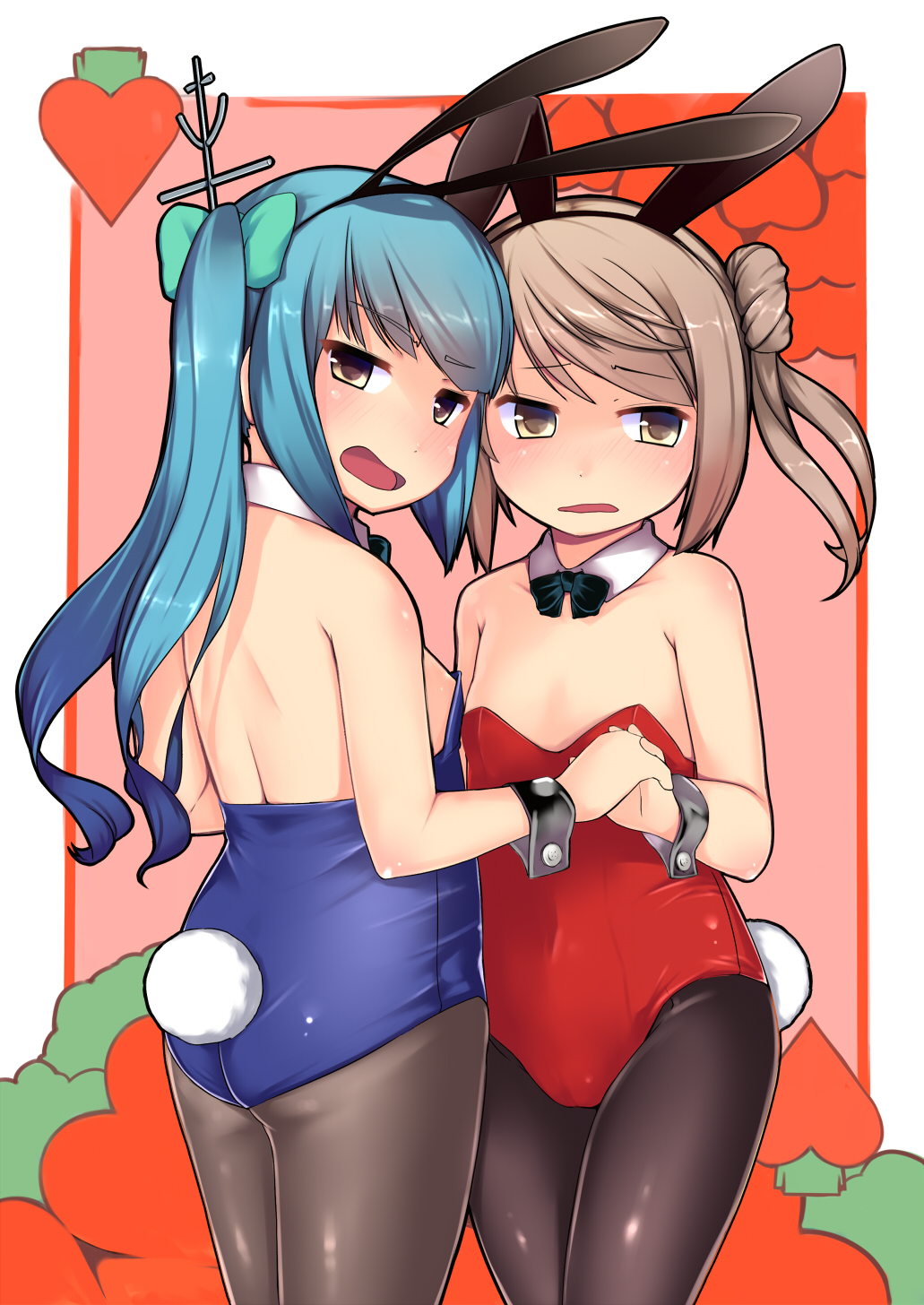 animal_ears blue_hair bowtie brown_eyes brown_hair bunny_tail bunnysuit detached_collar double_bun gigokku highres kantai_collection kasumi_(kantai_collection) long_hair michishio_(kantai_collection) pantyhose rabbit_ears side_ponytail tail wrist_cuffs yellow_eyes