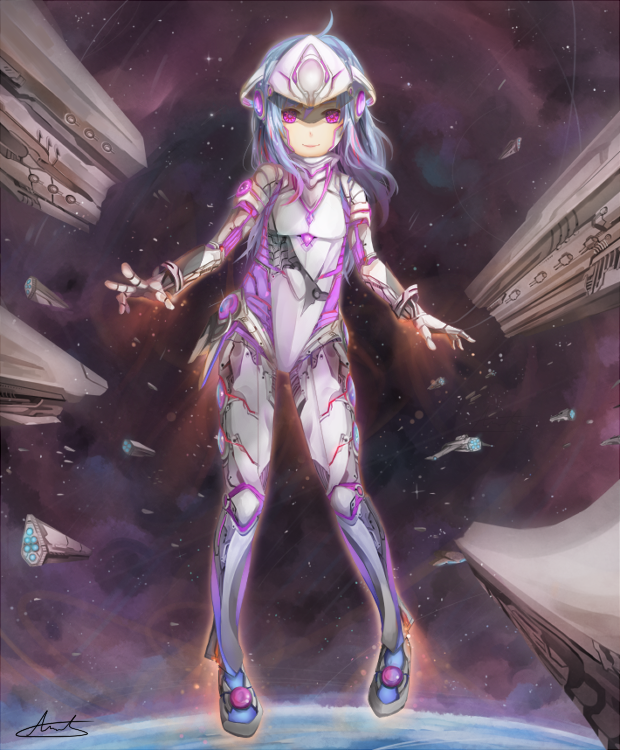1girl ahoge aionlights alpha_(acerailgun) blue_hair borrowed_character flat_chest full_body long_hair original pink_eyes planet robot_girl robot_joints signature smile solo space space_craft star_(sky)
